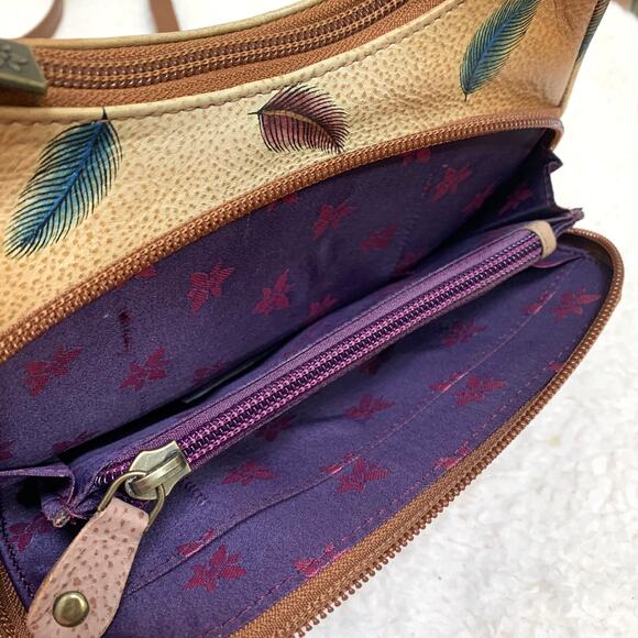 ANUSCHKA Colorful Small Hand Painted Leather "FEATHERS" Zip Top Organizer XBody - Picture 6 of 16